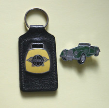 Vintage Morgan Cars Leather & Enamel Key Ring With Morgan Sports Car Pin Badge