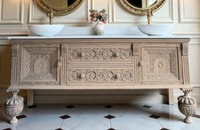 Antique Oak Double vanity sink Unit Carrara Quartz Top Upstand Two Basins 185cm