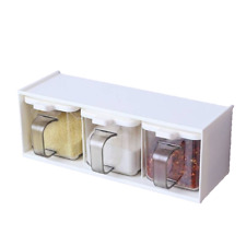 Spice Rack Coffee Tea Sugar Storage Jars 3 Containers With Cover & Spoons Beige