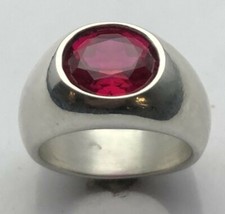 MJG STERLING SILVER MEN'S RING.12 X 10mm OVAL LAB RUBY FACETED. 23 GR. SZ 9 3/4