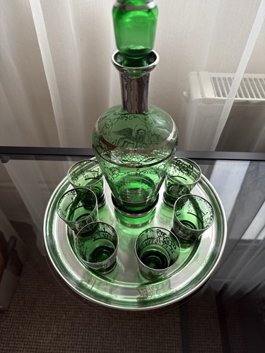 Green glass decanter with - ,