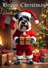 SCHNAUZER CHRISTMAS CARD WITH A SCHNAUZER DOG IN A XMAS SANTA SUIT & HAT