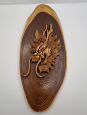 Chinese Carved Dragon Plaque Wooden Oriental Wall Art On Wood Slice Vintage Rare