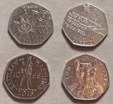 Collection of 4 historic 50p coins. V.C., Olympics, 1066 Hastings and Tom Kitten