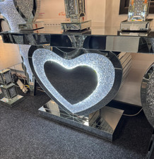 Crushed Diamond Mirrored Led Heart Shaped Console Table in Silver