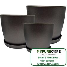 Plant Pots with Saucers Set of 3 - Matte Black Graphite Plastic Indoor & Outdoor