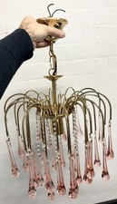 Vintage Brass Teardrop Chandelier with Pink Crystal Murano Glass 1970's