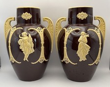 Pair Victorian Dudson Yellow Ware Jasper Ware Vases Circa 1870 Nudes Sprig Decor