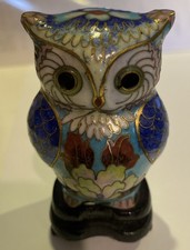 Vtg Owl Cloisonne Enamel Figurine Brass with Wooden Base