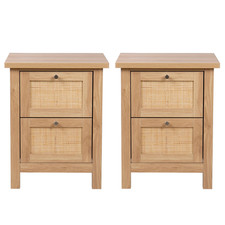 Small Bedside Table, Pair of Oak Effect, Rattan Front Nightstand with 2 Drawers