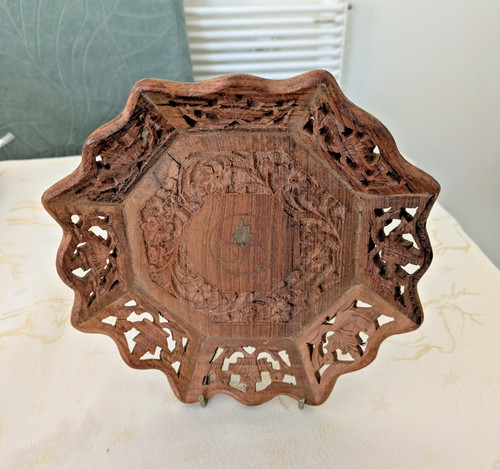 Vintage round carved wood - round,