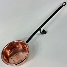 VINTAGE FRENCH KITCHEN RUSTIC COPPER COOKING PAN WITH LONG HAND FORGED HANDLE