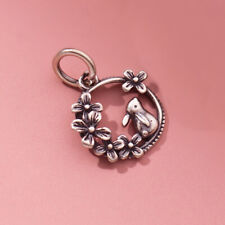 Rabbit & Flowers/ Easter Bunny pendant/charm-Solid 925 sterling silver. Chain op