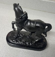 Vintage Cast Metal Black Horse Sculpture On Wooden Base In Good Used Condition