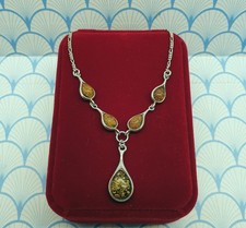 Vintage 925 Sterling Silver and Baltic Amber Cabochon Pendant Necklace with Box