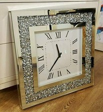 Large Diamond Crush Silver Crystal Sparkly Mirrored Square Wall Clock 45x45x5cm