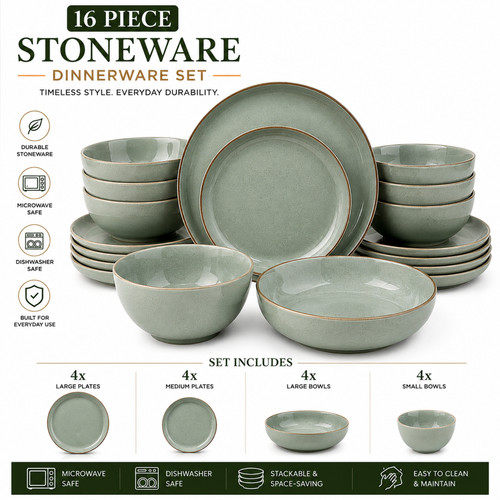 16pc green stoneware - green,
