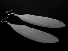 A PAIR OF LONG WHITE FEATHER  DANGLY EARRINGS WITH SOLID SILVER 925 HOOKS.