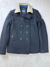 SUPERDRY Black Wool Pea Coat Jacket Peacoat Size Large L
