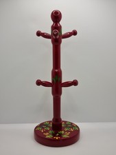 Vintage Wooden Red Mug Tree 6 Cup Holder Barge Art Folk Cottage Handmade Decor