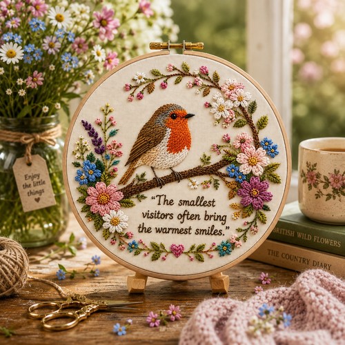 Robins visit embroidery - visit,