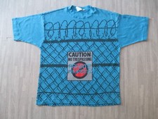 Vintage 90s Single Stitch T Shirt Mens Medium Blue Barbed Wire Fence Caution Out