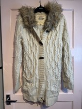Falmer Beige Fur Hooded Cable Knit Long Cardigan – Size 12
