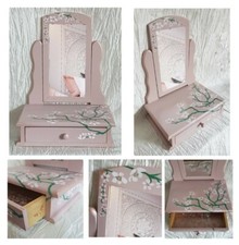 Petite wooden table top vanity unit, mirror with drawer, handpainted, sakura