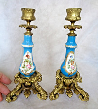 PAIR 19TH CENTURY SEVRES PORCELAIN & ORMOLU BRONZE CANDLESTICKS