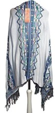 NEW FLAM MODE?CREAM & BLUE TRIBAL TASSEL CARDIGAN PONCHO SIZE M 10-12  # B202*