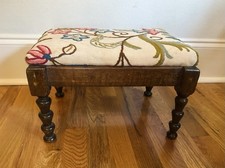 Antique Edwardian Bobbin Turned Wood  Upholstered Footstool w Floral Design