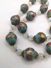 Vintage Murano Venetian Glass Necklace Wedding Cake Beads Blue Pink Yellow Gold