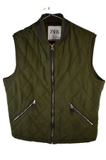Zara Mens Quilted Khaki Green Gilet Vest Zip Up Size L Sleeveless Jacket