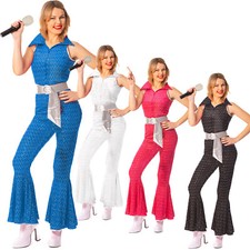 Adult Ladies 60s 70s 80s Fancy Dress Jumpsuit Costume Retro Disco Hen Night Pink