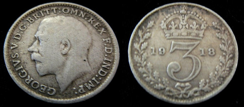 Solid silver threepence 1918 - silver,