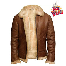 Men’s Genuine Sheepskin Leather fur Jacket Brown RAF B3 Shearling Aviator Bomber