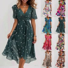 Ladies Boho V-Neck Wrap Floral Print Summer Women's Holiday Long Dress PLUS SIZE