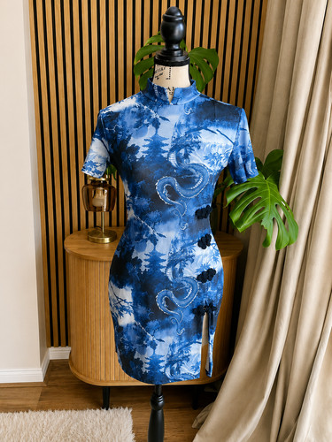 Blue printed qipao bodycon - printed,
