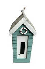 SEASIDE WOODEN RUSTIC COASTAL BEACH HUT WITH SEAGULL & LIFE RING BLUE MONEY BOX