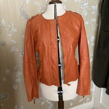 Women's Leather Jacket ORANGE Sz 40 Massimo Dutti Short Collarless Jacket + Zips