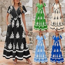 Ladies Summer Short Sleeve V Neck Maxi Dress Floal Print Swing Long Dresses Size