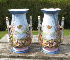 Impressive Pair Porcelain Vases, Hand Painted Old Paris 2nd Empire Style  28.5cm