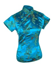 UK Chinese Turquoise Dragon & Phoenix Satin Top Shirt  Blouse Fast Post