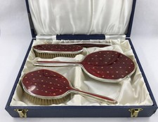 Vintage Birmingham 1965 Sterling Silver Red&Gold Enamel Dressing Table Set inBox