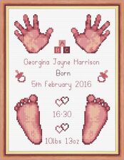 Dusky Pink Baby Girl Birth Sampler, Hands & Feet Cross Stitch Kit 6"x8" 16 Count