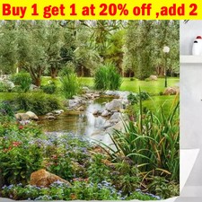 Park Stream / Pond Shower Curtain -3D Outdoor Garden Fence Scenic 10 Colors