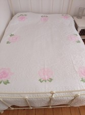 Vintage NET LACE Shabby Chic Tablecloth White PINK Roses FLOWERS 140cm x 200cm