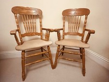 Pair of Solid Wood Farmhouse Carver Chairs – Vintage Country Kitchen Style
