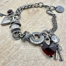 Miglio Designer Charm Bracelet Oxidised Silver Tone Red Hearts Keys Chunky