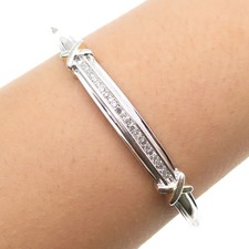 925 Sterling Silver 2-Tone Real Round-Cut Diamond X-Shape Bangle Bracelet 6.5"